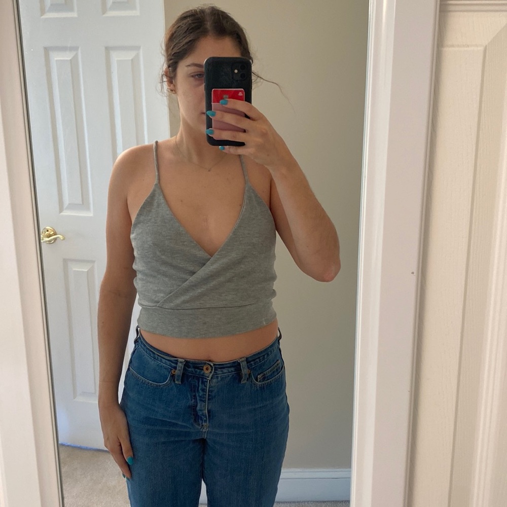 Gray strap top.